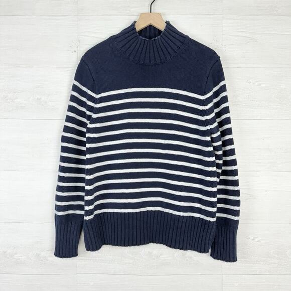 J.Crew Turtleneck Sweater Women Large Navy Stripe Cotton Chunky Knit Coastal - Picture 15 of 16